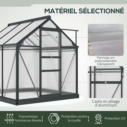 Polycarbonate Garden Greenhouse 3.65m² Aluminum Greenhouse for Garden 190 x 192 x 201 cm UV-Resistant, with Reinforced Foundation, Gutter, Skylight, and Sliding Door, Gray