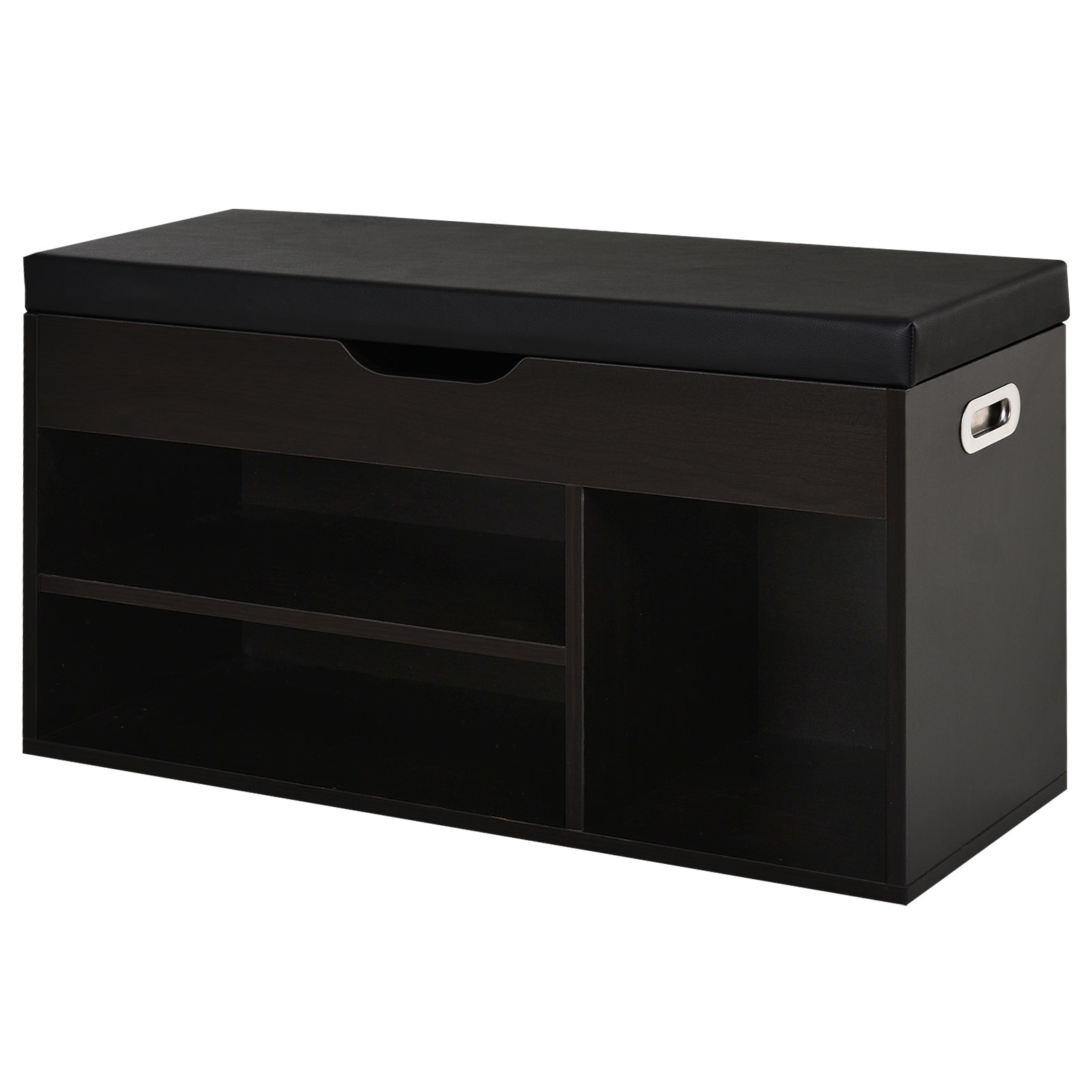 Padded Entryway Shoe Cabinet, Entryway Cabinet with Shoe Rack, with 3 Compartments, PU Leather Seat, for Living Room and Hallway, 80x30x43 cm, Black