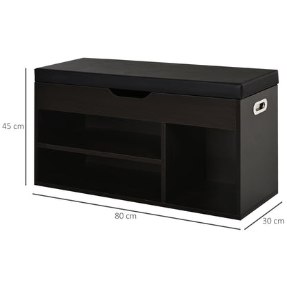 Padded Entryway Shoe Cabinet, Entryway Cabinet with Shoe Rack, with 3 Compartments, PU Leather Seat, for Living Room and Hallway, 80x30x43 cm, Black