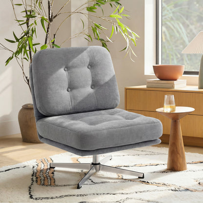 360° Swivel Chenille Lounge Chair — Extra-Wide Padded Reading Chair with Metal Legs, Light Gray