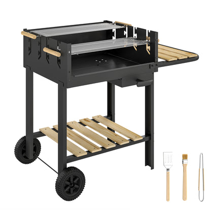 Wood-Trim Charcoal Grill Cart with 2 Adjustable Cooking Grates, Side Shelf, Lower Shelf, Ash Drawer & Wheels — Black