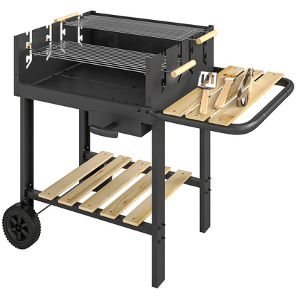 Wood-Trim Charcoal Grill Cart with 2 Adjustable Cooking Grates, Side Shelf, Lower Shelf, Ash Drawer & Wheels — Black