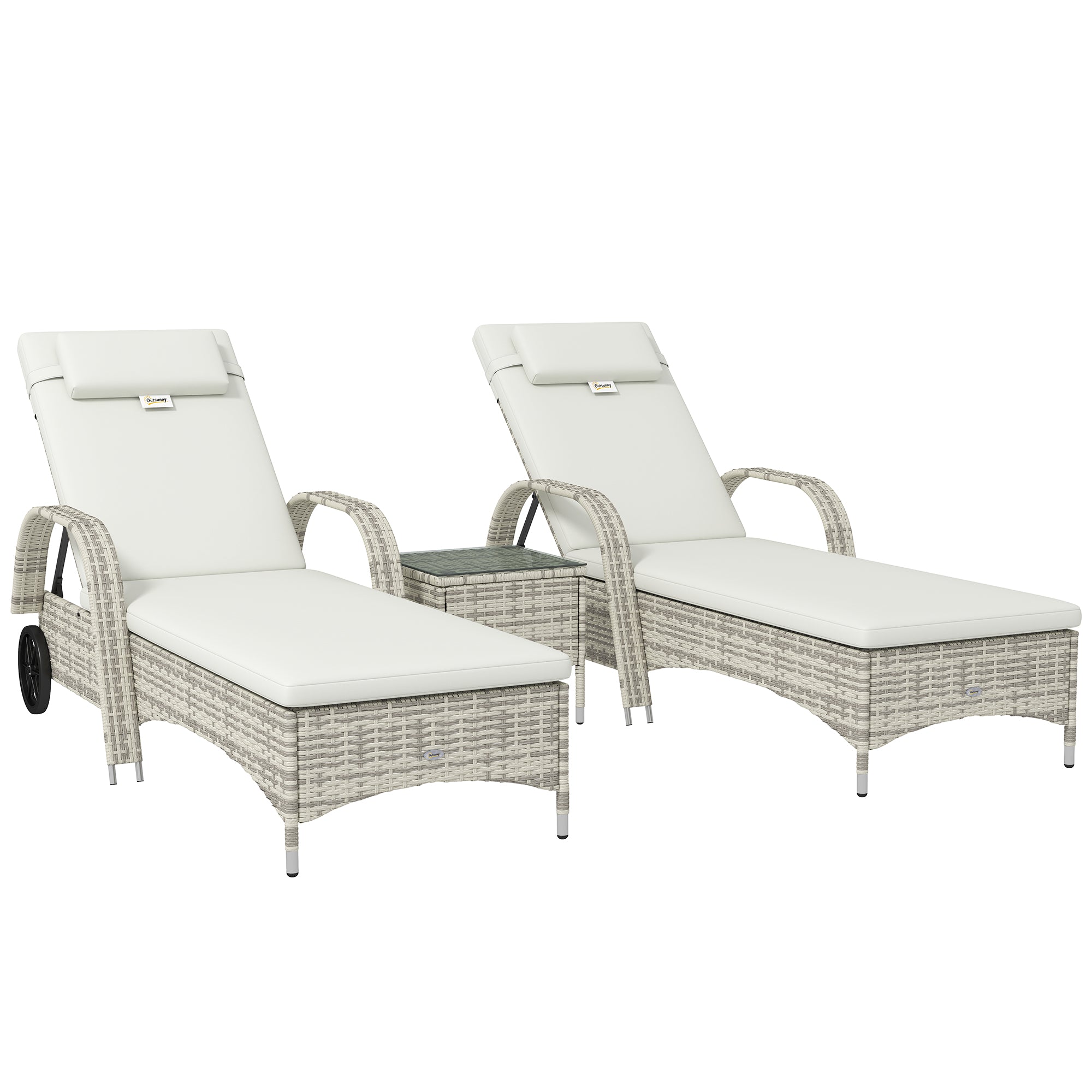 Set of 2 very comfortable sun loungers: mattress, headrest, adjustable multi-position recline, armrests, wheels + tempered glass coffee table cream wicker resin