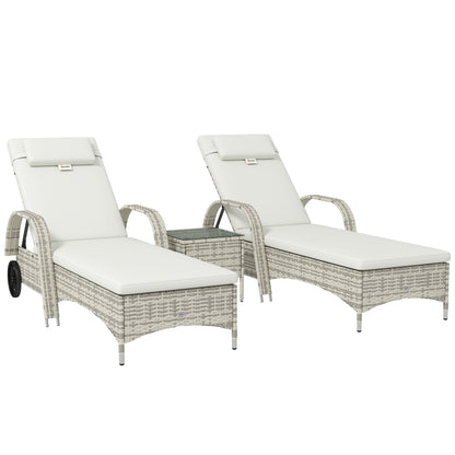 Set of 2 very comfortable sun loungers: mattress, headrest, adjustable multi-position recline, armrests, wheels + tempered glass coffee table cream wicker resin