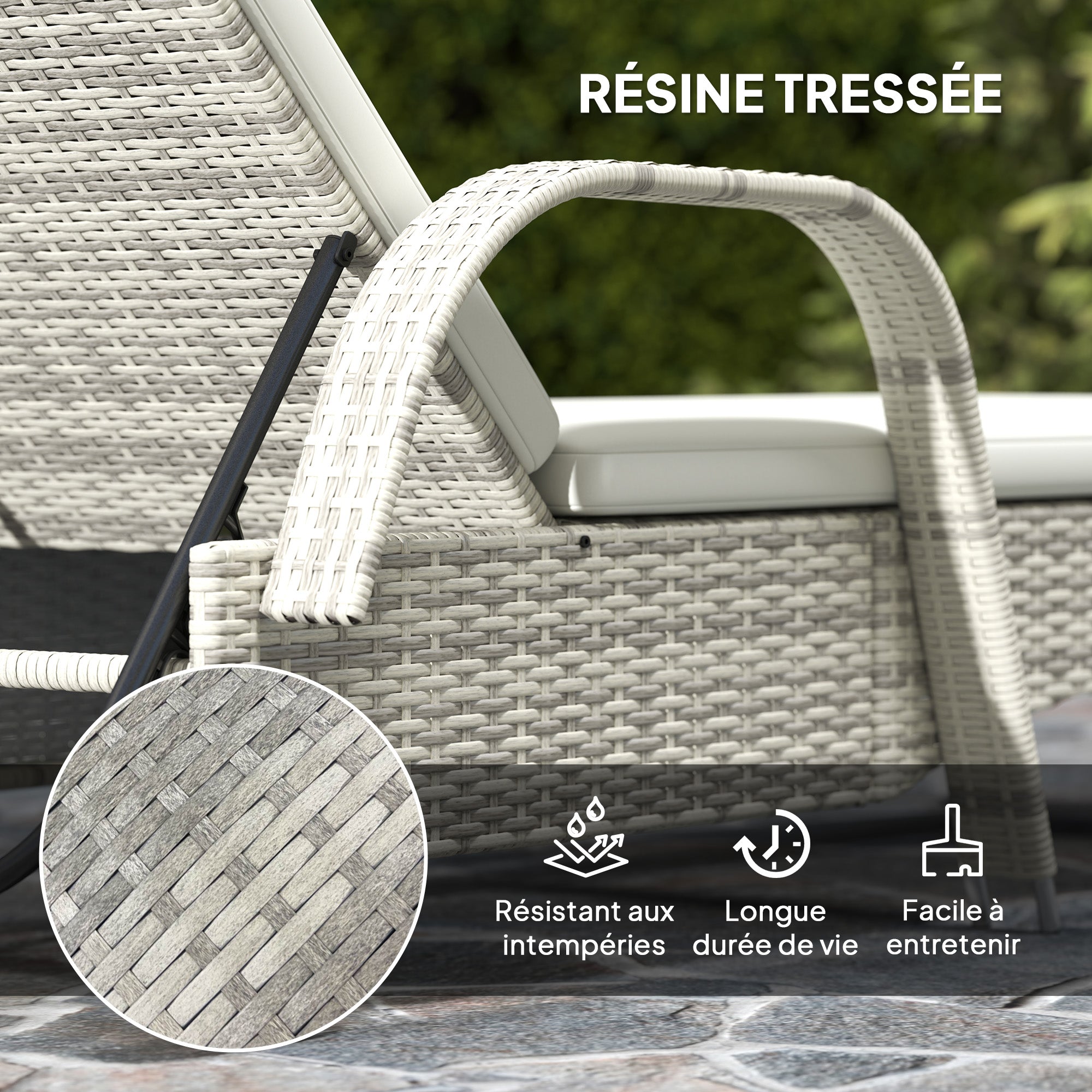 Set of 2 very comfortable sun loungers: mattress, headrest, adjustable multi-position recline, armrests, wheels + tempered glass coffee table cream wicker resin
