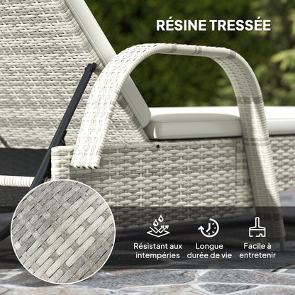 Set of 2 very comfortable sun loungers: mattress, headrest, adjustable multi-position recline, armrests, wheels + tempered glass coffee table cream wicker resin