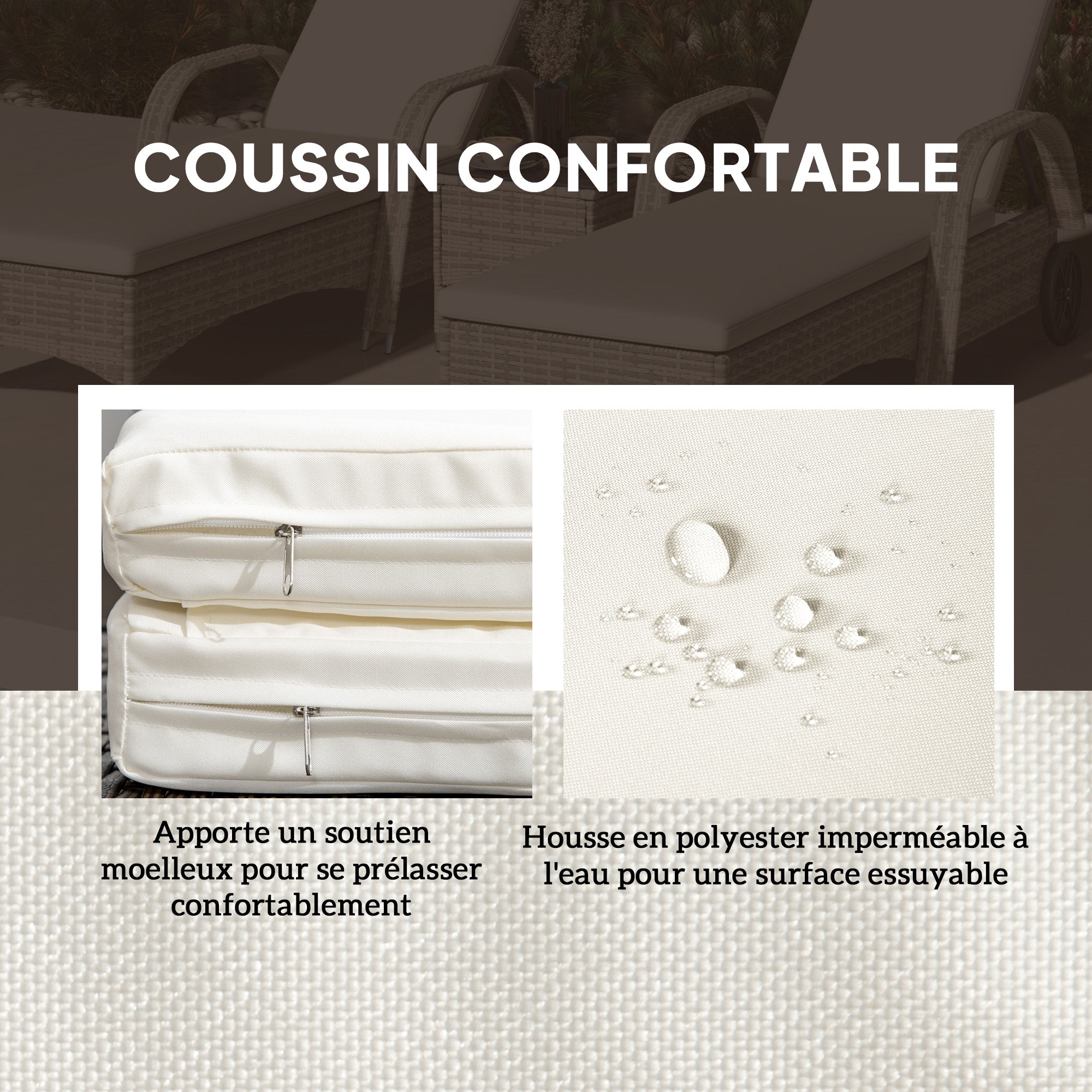 Set of 2 very comfortable sun loungers: mattress, headrest, adjustable multi-position recline, armrests, wheels + tempered glass coffee table cream wicker resin