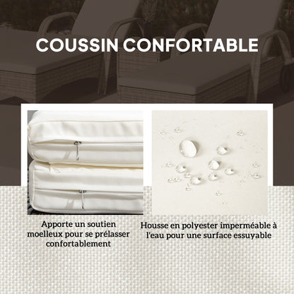 Set of 2 very comfortable sun loungers: mattress, headrest, adjustable multi-position recline, armrests, wheels + tempered glass coffee table cream wicker resin