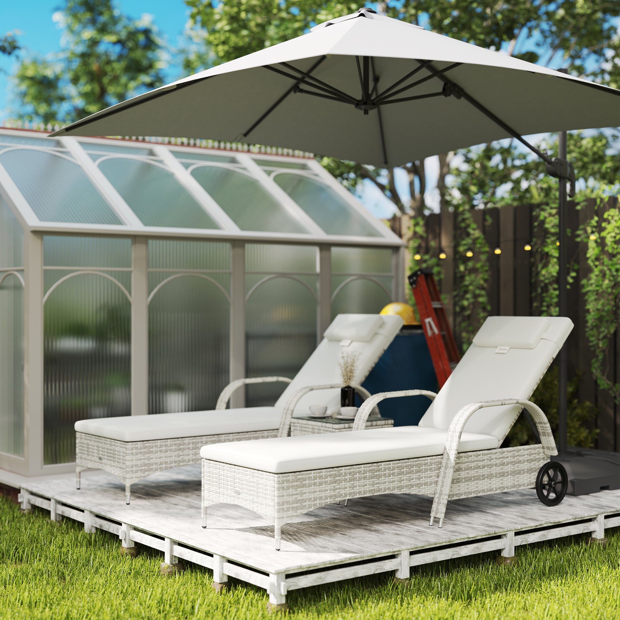 Set of 2 very comfortable sun loungers: mattress, headrest, adjustable multi-position recline, armrests, wheels + tempered glass coffee table cream wicker resin