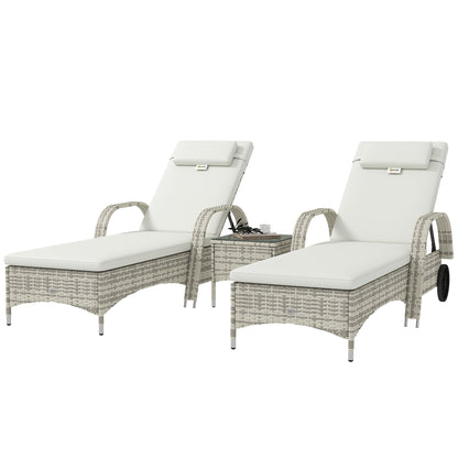 Set of 2 very comfortable sun loungers: mattress, headrest, adjustable multi-position recline, armrests, wheels + tempered glass coffee table cream wicker resin