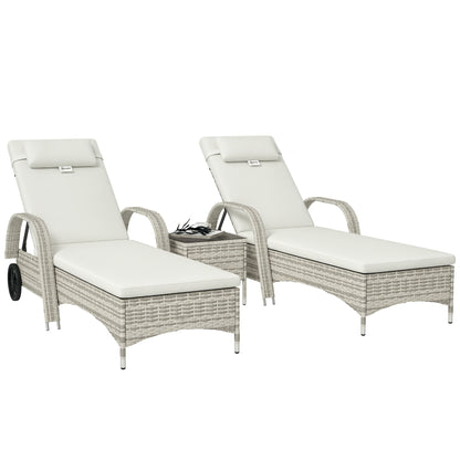 Set of 2 very comfortable sun loungers: mattress, headrest, adjustable multi-position recline, armrests, wheels + tempered glass coffee table cream wicker resin