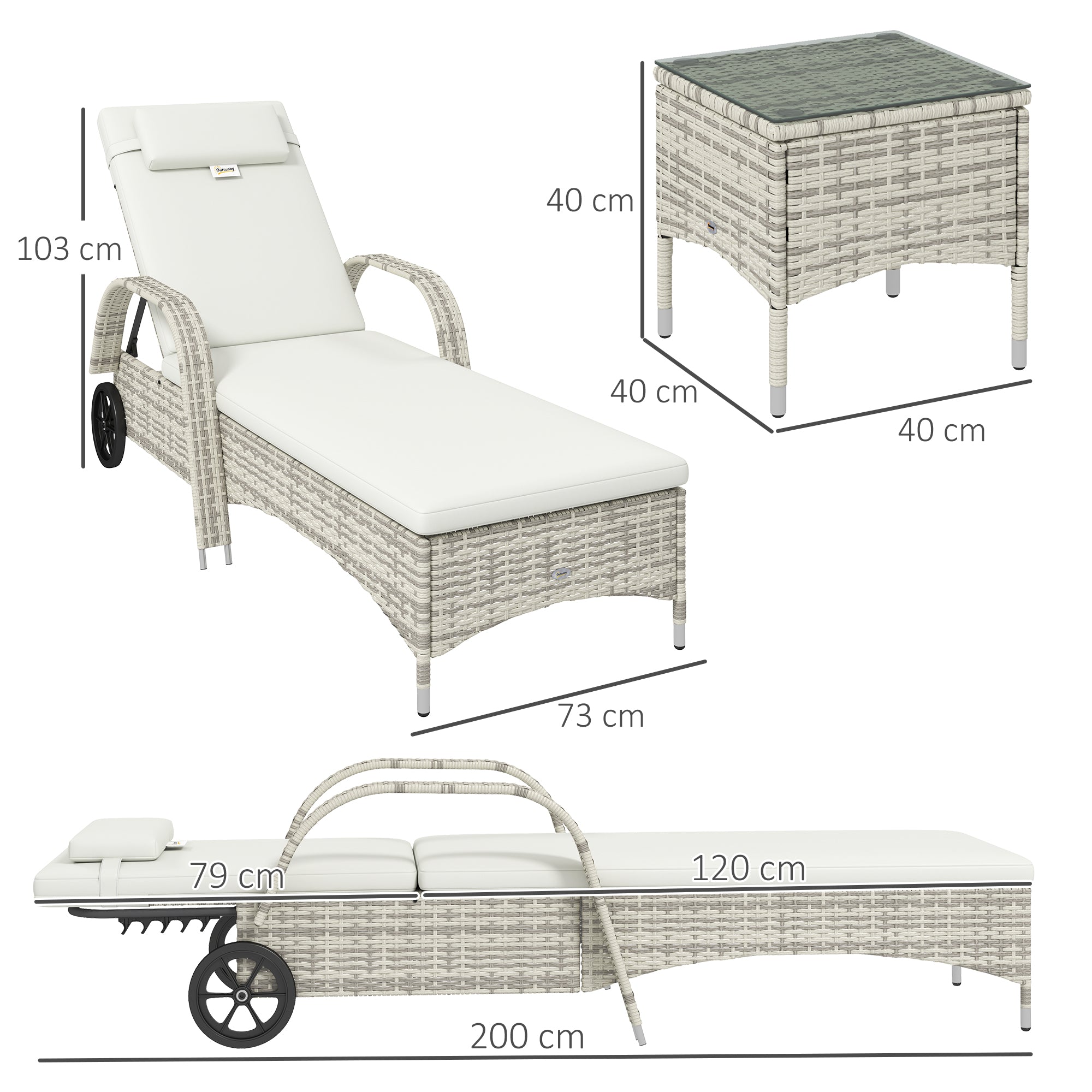 Set of 2 very comfortable sun loungers: mattress, headrest, adjustable multi-position recline, armrests, wheels + tempered glass coffee table cream wicker resin