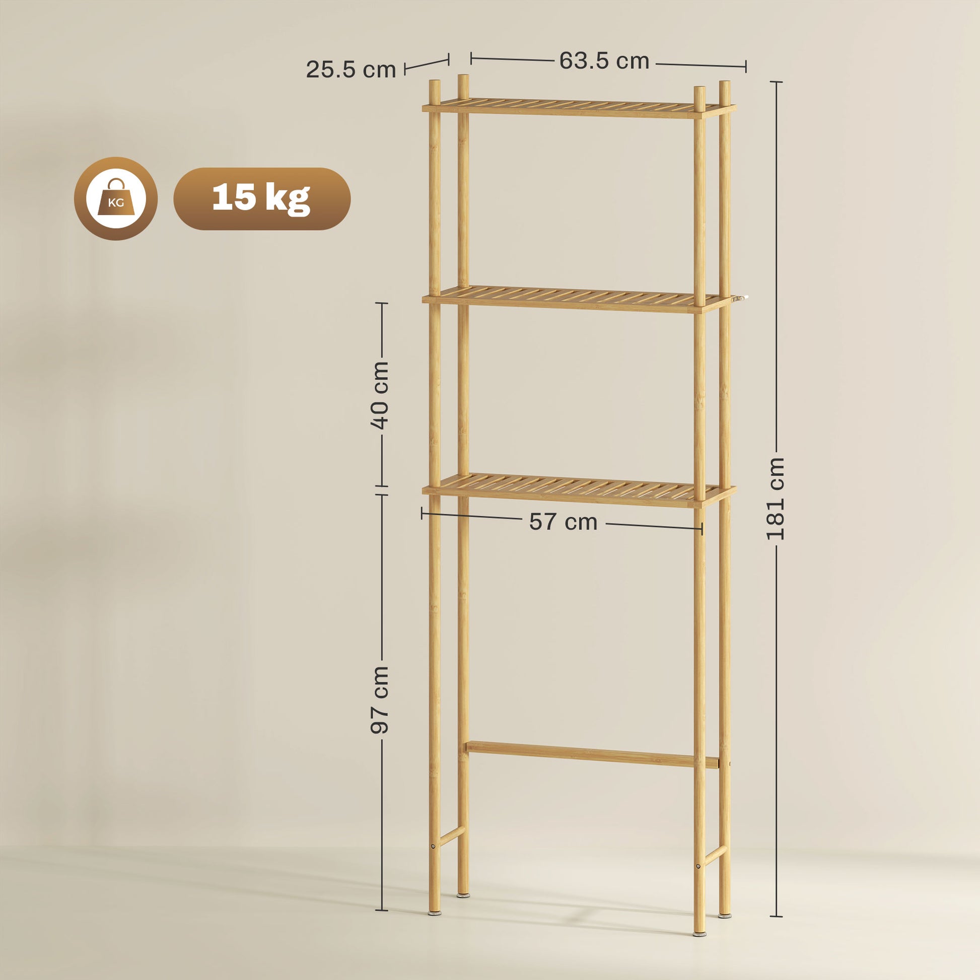 Bathroom Shelf Over-The-Toilet with 3 Shelves, Bathroom Storage Rack in Bamboo, Over Washer Shelf for Laundry Room with Adjustable Feet, Natural Color