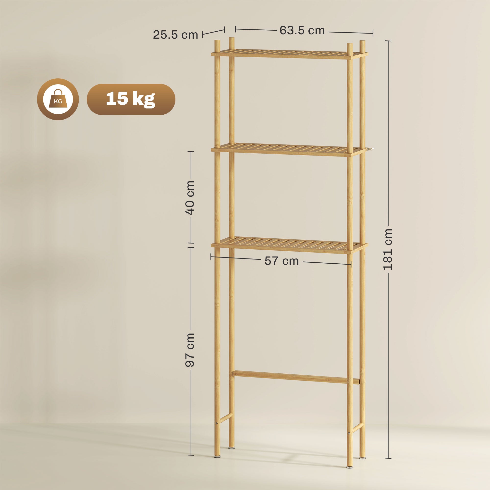 Bathroom Shelf Over-The-Toilet with 3 Shelves, Bathroom Storage Rack in Bamboo, Over Washer Shelf for Laundry Room with Adjustable Feet, Natural Color