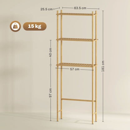 Bathroom Shelf Over-The-Toilet with 3 Shelves, Bathroom Storage Rack in Bamboo, Over Washer Shelf for Laundry Room with Adjustable Feet, Natural Color