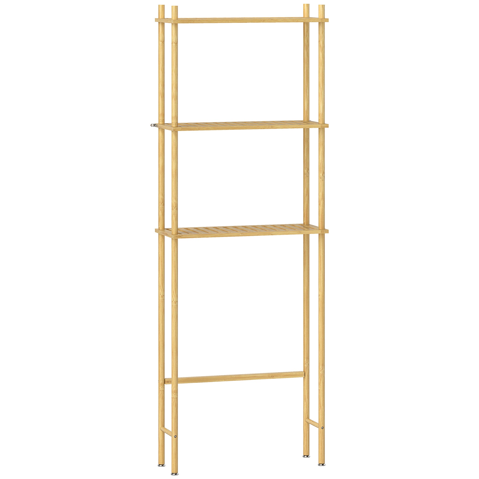 Bathroom Shelf Over-The-Toilet with 3 Shelves, Bathroom Storage Rack in Bamboo, Over Washer Shelf for Laundry Room with Adjustable Feet, Natural Color