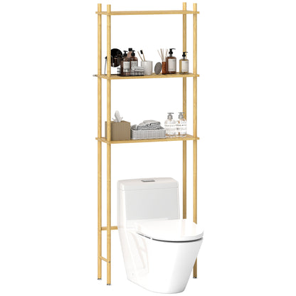 Bathroom Shelf Over-The-Toilet with 3 Shelves, Bathroom Storage Rack in Bamboo, Over Washer Shelf for Laundry Room with Adjustable Feet, Natural Color