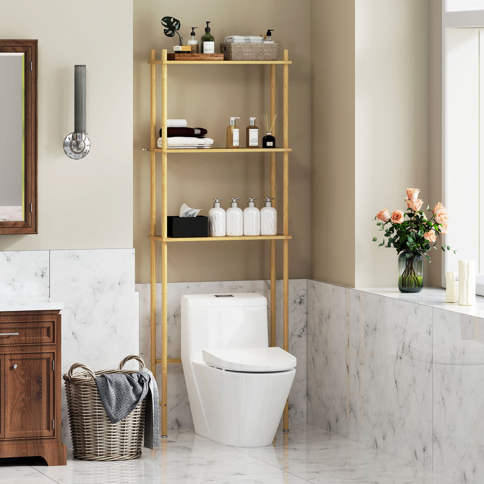 Bathroom Shelf Over-The-Toilet with 3 Shelves, Bathroom Storage Rack in Bamboo, Over Washer Shelf for Laundry Room with Adjustable Feet, Natural Color