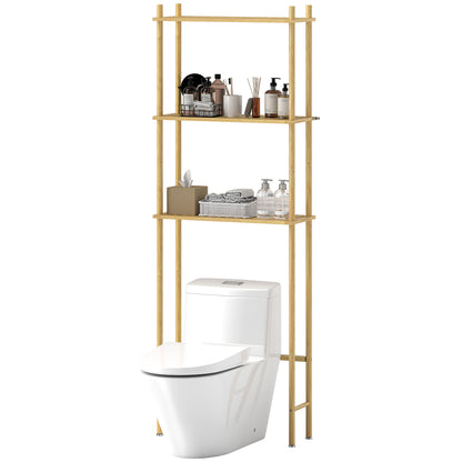 Bathroom Shelf Over-The-Toilet with 3 Shelves, Bathroom Storage Rack in Bamboo, Over Washer Shelf for Laundry Room with Adjustable Feet, Natural Color
