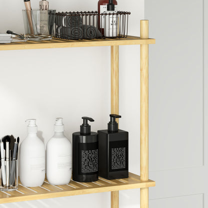 Bathroom Shelf Over-The-Toilet with 3 Shelves, Bathroom Storage Rack in Bamboo, Over Washer Shelf for Laundry Room with Adjustable Feet, Natural Color
