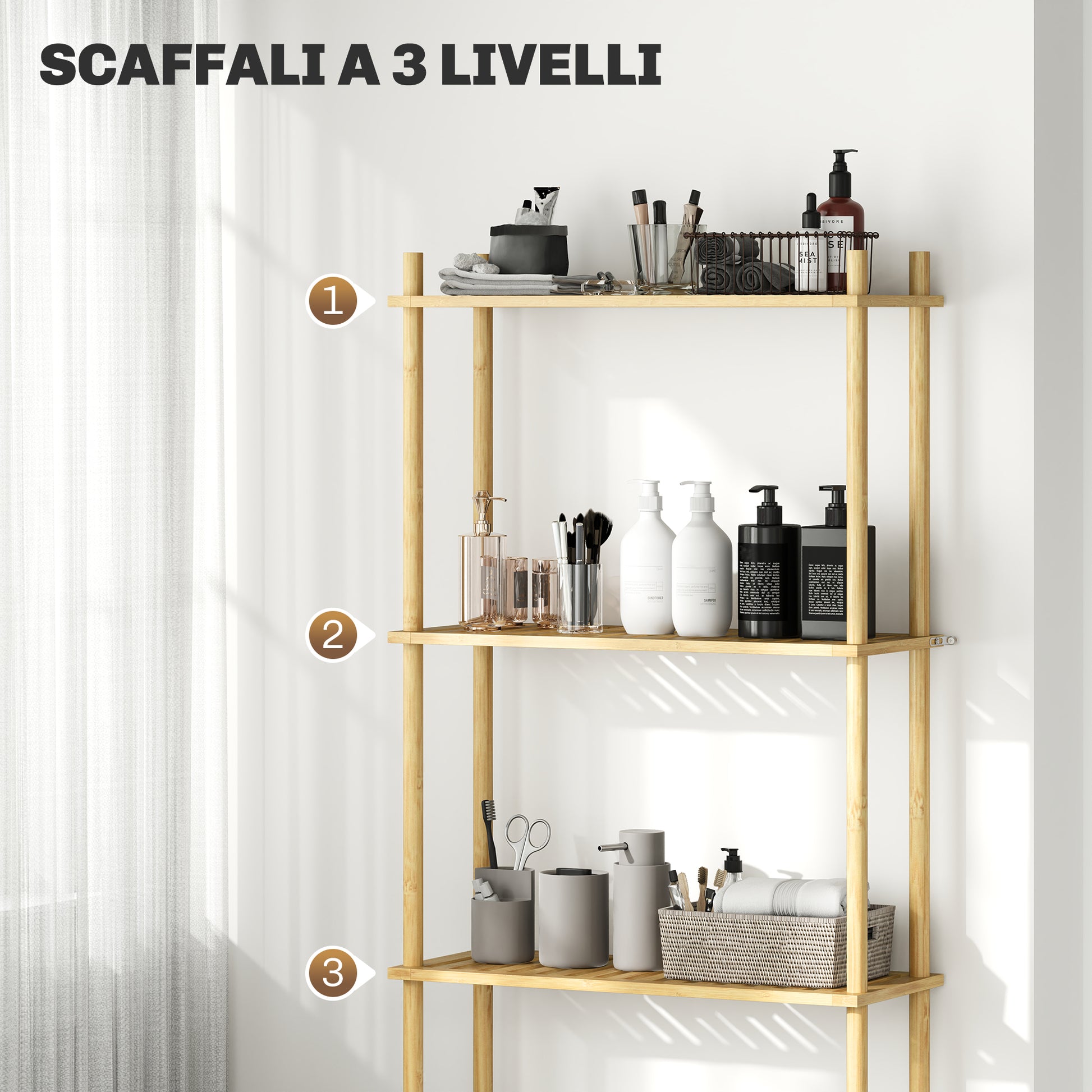 Bathroom Shelf Over-The-Toilet with 3 Shelves, Bathroom Storage Rack in Bamboo, Over Washer Shelf for Laundry Room with Adjustable Feet, Natural Color