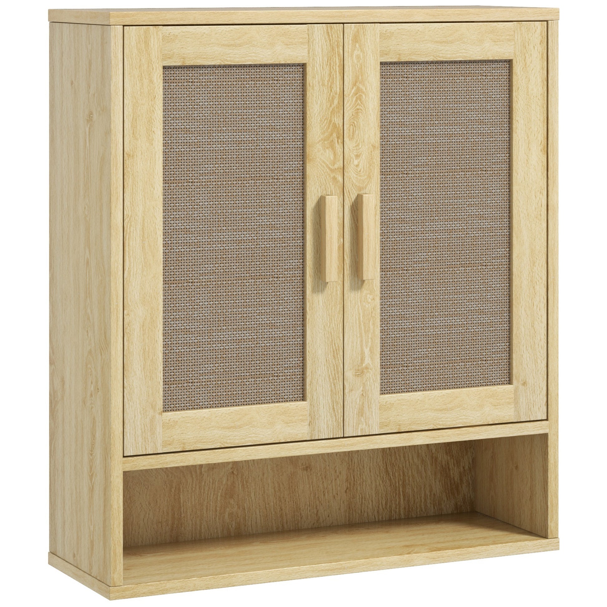 Wall Mounted Bathroom Cabinet, Suspended Toilet Cabinet, with Adjustable Shelf, Double Door and Open Shelf, 59 x 20 x 66.5 cm, Oak Wood Effect
