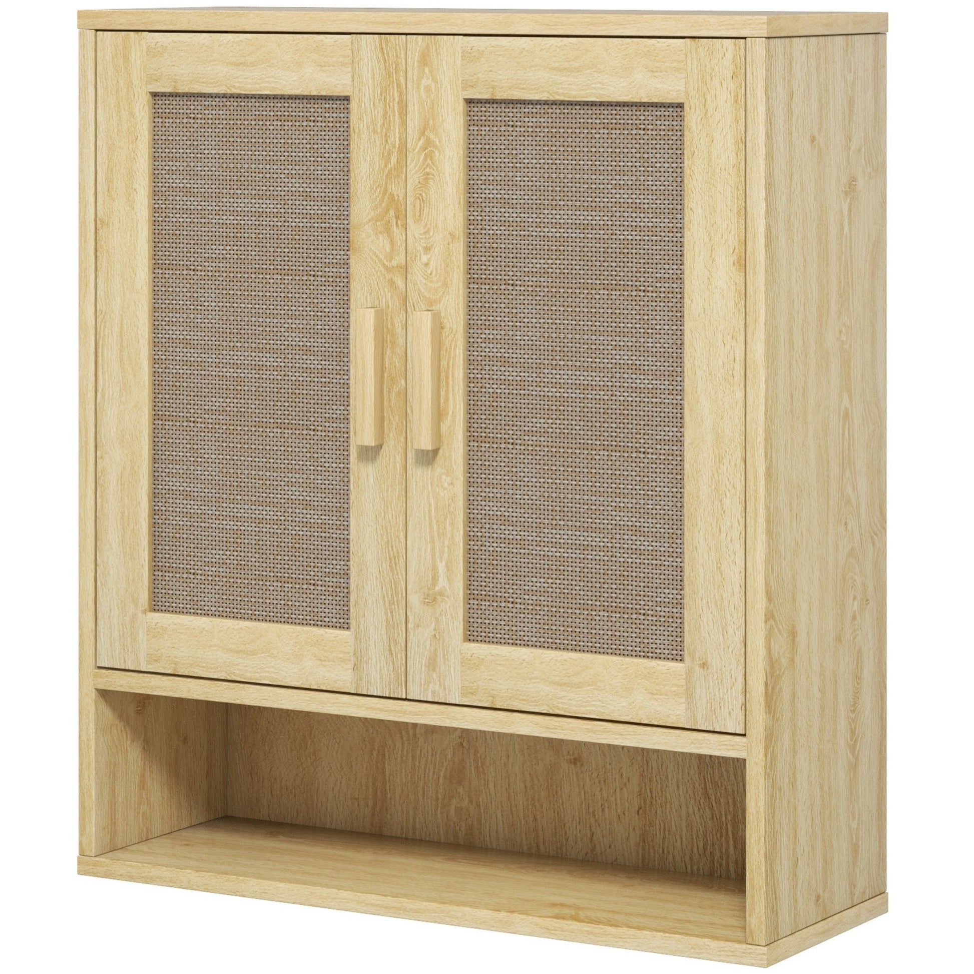 Wall Mounted Bathroom Cabinet, Suspended Toilet Cabinet, with Adjustable Shelf, Double Door and Open Shelf, 59 x 20 x 66.5 cm, Oak Wood Effect