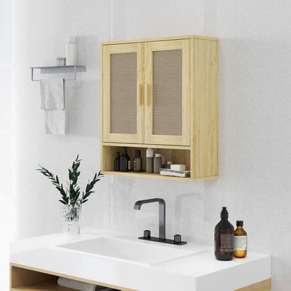 Wall Mounted Bathroom Cabinet, Suspended Toilet Cabinet, with Adjustable Shelf, Double Door and Open Shelf, 59 x 20 x 66.5 cm, Oak Wood Effect