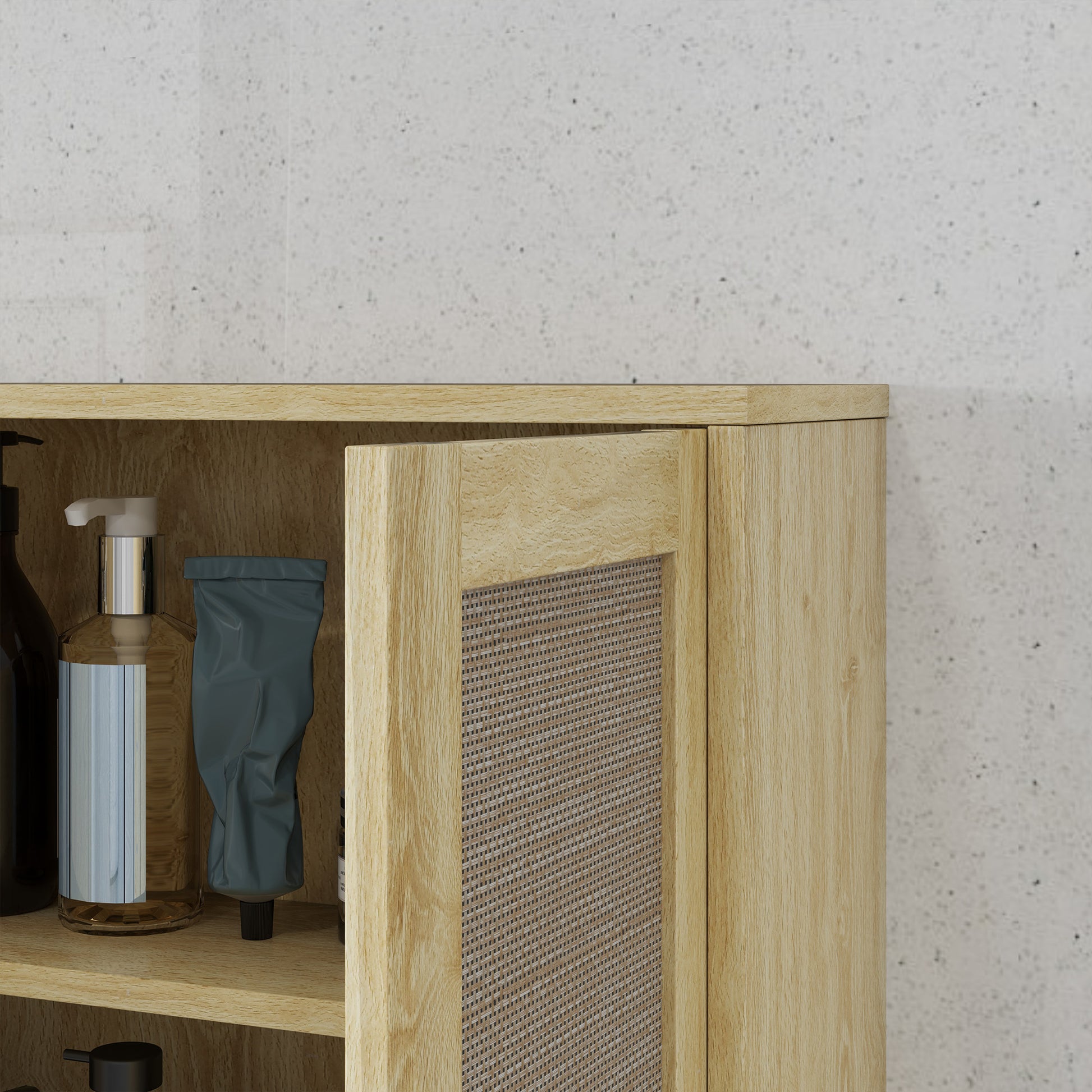 Wall Mounted Bathroom Cabinet, Suspended Toilet Cabinet, with Adjustable Shelf, Double Door and Open Shelf, 59 x 20 x 66.5 cm, Oak Wood Effect