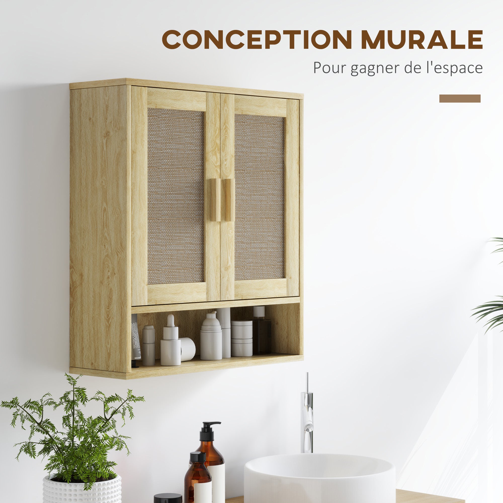 Wall Mounted Bathroom Cabinet, Suspended Toilet Cabinet, with Adjustable Shelf, Double Door and Open Shelf, 59 x 20 x 66.5 cm, Oak Wood Effect