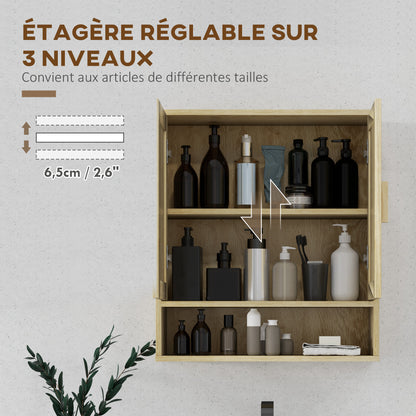 Wall Mounted Bathroom Cabinet, Suspended Toilet Cabinet, with Adjustable Shelf, Double Door and Open Shelf, 59 x 20 x 66.5 cm, Oak Wood Effect