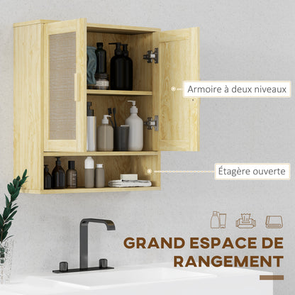 Wall Mounted Bathroom Cabinet, Suspended Toilet Cabinet, with Adjustable Shelf, Double Door and Open Shelf, 59 x 20 x 66.5 cm, Oak Wood Effect
