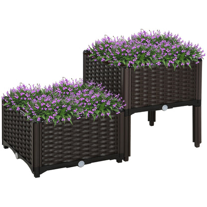 Raised Bed, Planter Box with Drainage Holes, Flower Box in Rattan-Look, Plastic, Brown, 40 x 40 x 44 cm