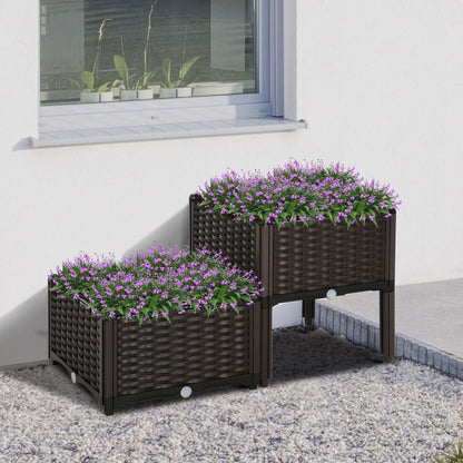 Raised Bed, Planter Box with Drainage Holes, Flower Box in Rattan-Look, Plastic, Brown, 40 x 40 x 44 cm