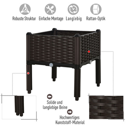 Raised Bed, Planter Box with Drainage Holes, Flower Box in Rattan-Look, Plastic, Brown, 40 x 40 x 44 cm