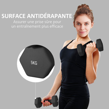 SPORTNOW Set of 2 hexagonal dumbbells with non-slip handle for home training, 2 x 5 kg, black