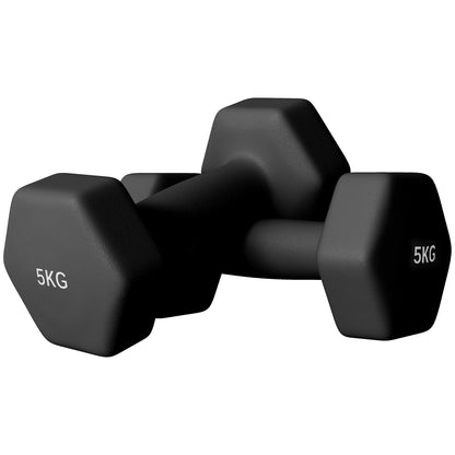 SPORTNOW Set of 2 hexagonal dumbbells with non-slip handle for home training, 2 x 5 kg, black