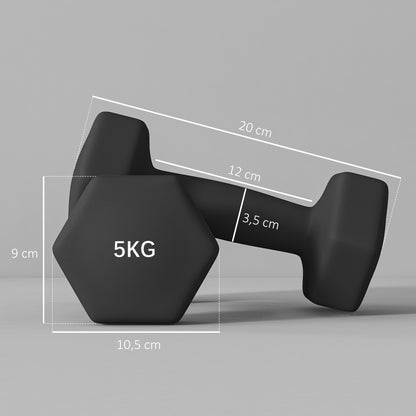 SPORTNOW Set of 2 hexagonal dumbbells with non-slip handle for home training, 2 x 5 kg, black