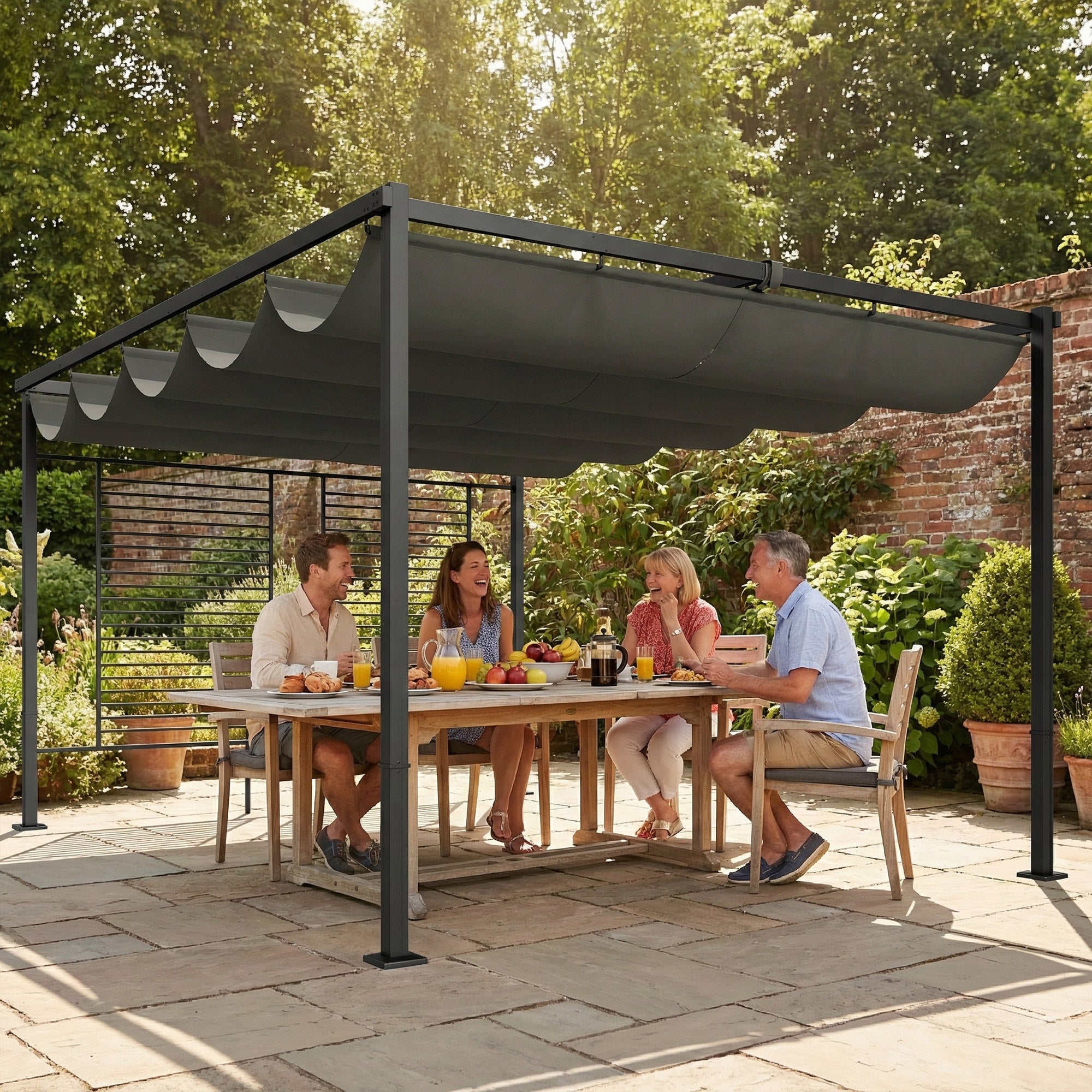 Pergola 3.87 x 2.97 m Patio Cover with Retractable Roof, 2 Privacy Panels, UV50+, Freestanding with Drainage Holes — Dark Gray