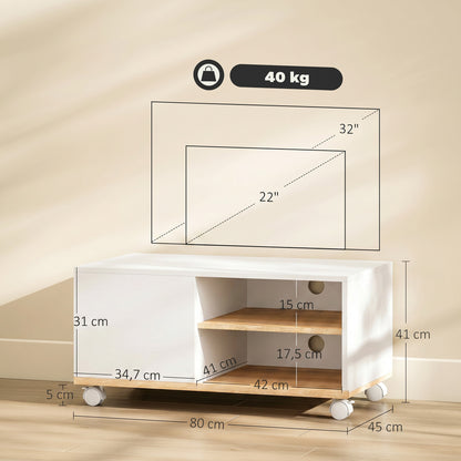 Rolling TV Stand with Cabinet, Cable Management & Adjustable Shelf, Fits TVs up to 32", White & Oak, 31.5 x 17.7 x 16.1 in