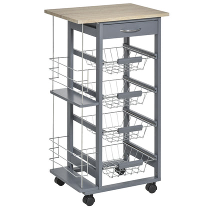 Space-Saving Kitchen Trolley in Dark Gray, Food Trolley, 1 Worktop, 1 Drawer, 4 Metal Baskets, 47x37x83cm, Grey