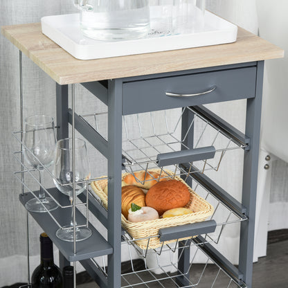 Space-Saving Kitchen Trolley in Dark Gray, Food Trolley, 1 Worktop, 1 Drawer, 4 Metal Baskets, 47x37x83cm, Grey
