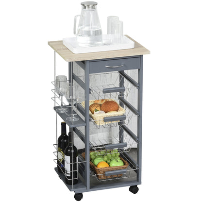 Space-Saving Kitchen Trolley in Dark Gray, Food Trolley, 1 Worktop, 1 Drawer, 4 Metal Baskets, 47x37x83cm, Grey