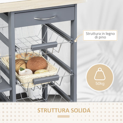Space-Saving Kitchen Trolley in Dark Gray, Food Trolley, 1 Worktop, 1 Drawer, 4 Metal Baskets, 47x37x83cm, Grey