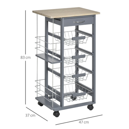 Space-Saving Kitchen Trolley in Dark Gray, Food Trolley, 1 Worktop, 1 Drawer, 4 Metal Baskets, 47x37x83cm, Grey