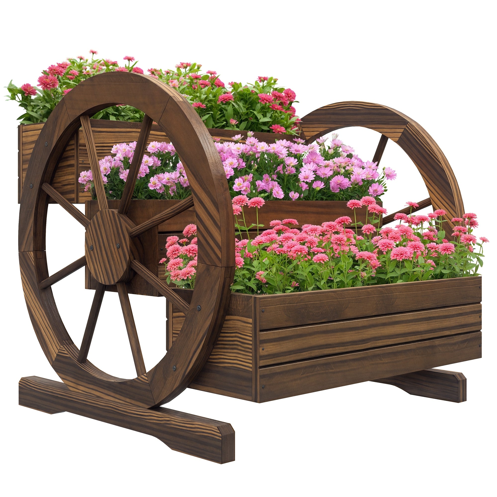 3-Tier Raised Wood Planter with Decorative Wheels — Charred Fir, 62 x 61 x 57 cm (24.4" x 24.0" x 22.4")
