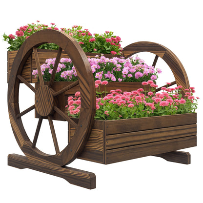 3-Tier Raised Wood Planter with Decorative Wheels — Charred Fir, 62 x 61 x 57 cm (24.4" x 24.0" x 22.4")
