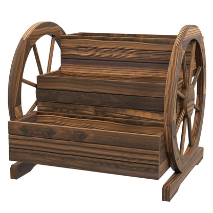 3-Tier Raised Wood Planter with Decorative Wheels — Charred Fir, 62 x 61 x 57 cm (24.4" x 24.0" x 22.4")