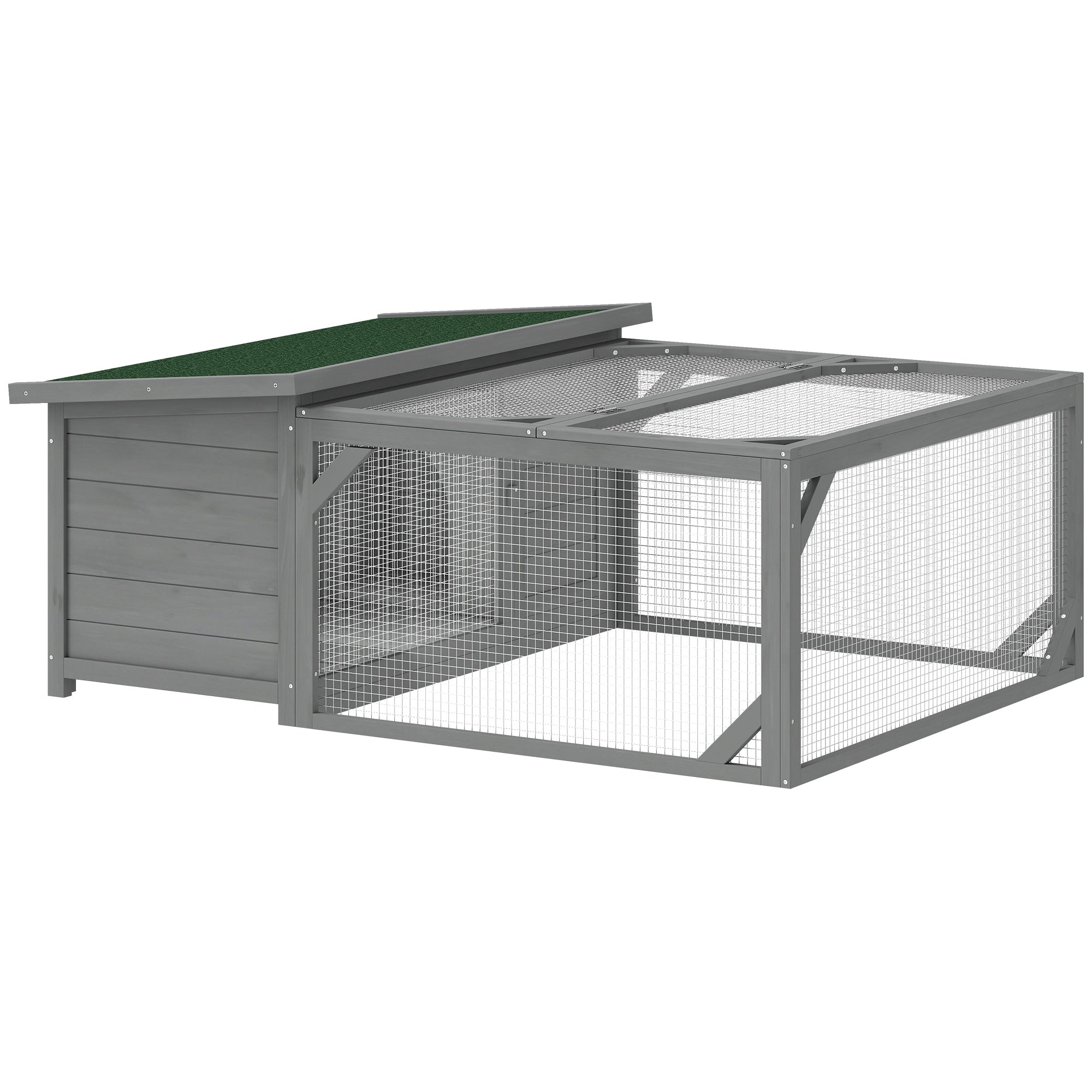 Wooden Rabbit Hutch with Run, 125.5 x 100 x 49 cm – Lift-Top Asphalt Roof, Doors, Outdoor Hutch for Rabbits & Guinea Pigs, Gray