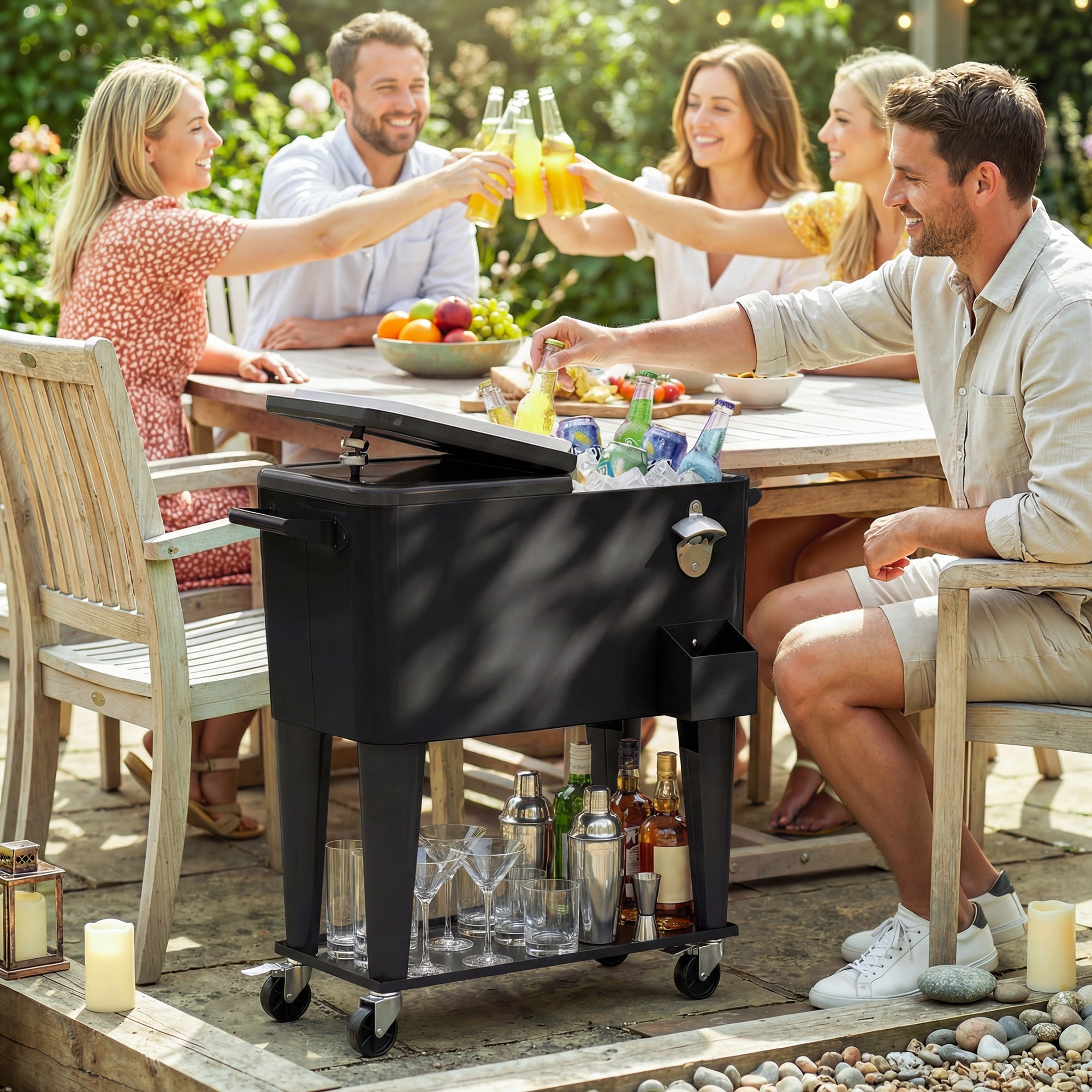 76-Liter Cooler Cart with Shelf, Drain, Wheels, Steel Bottle Opener & Cap Catcher — Black Outdoor Cooler